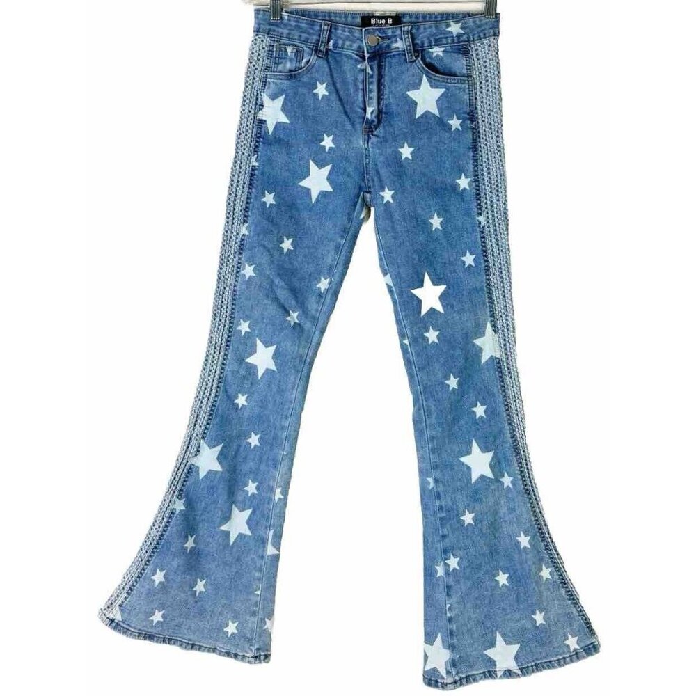 Blue B Large (Actual 29x30) Star Patriotic July 4th Flare Stretch Bell Jeans EUC
